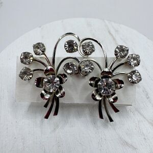 Vintage Silver Tone Clear Rhinestone Flower Bouquet Earrings Screwback
